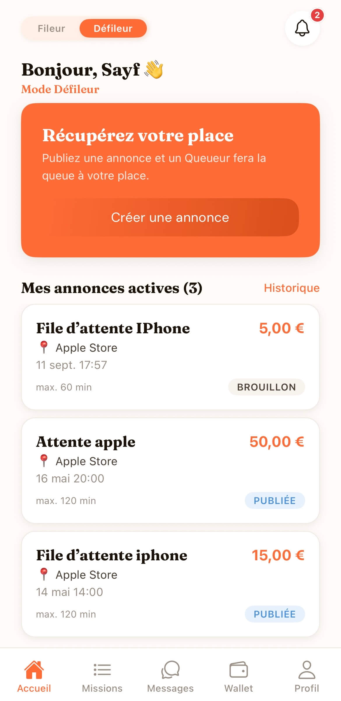 L'accueil de Filae en mode Défileur : le sélecteur de rôle, le bouton de création d'annonce et la liste des annonces actives.